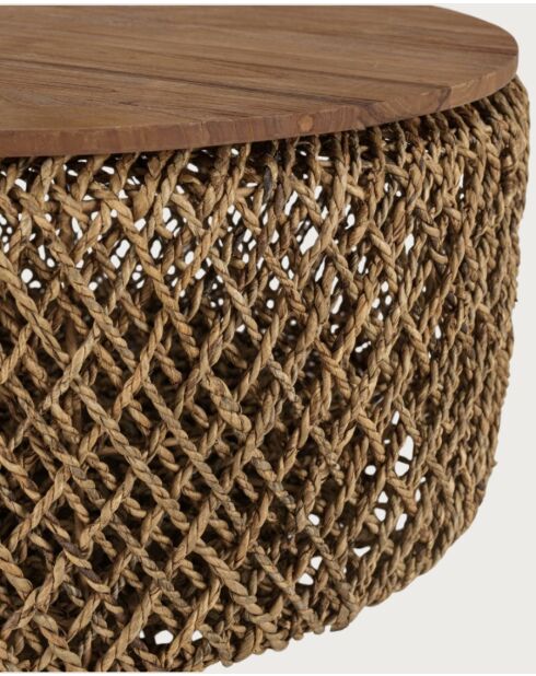Mesita grande de madera maciza de teca y tejido de plátano con almacenamiento natural Yuda, 80 x 42 x 80 cm