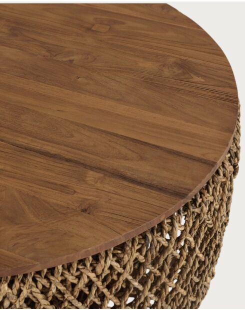 Mesita grande de madera maciza de teca y tejido de plátano con almacenamiento natural Yuda, 80 x 42 x 80 cm