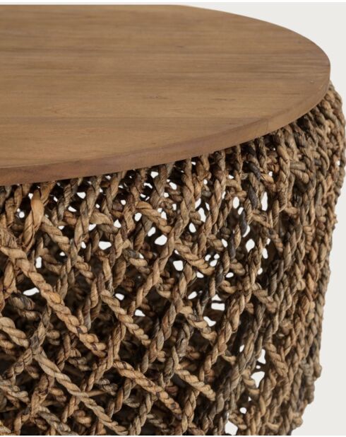 Mesita grande de madera maciza de teca y tejido de plátano con almacenamiento natural Yuda, 80 x 42 x 80 cm