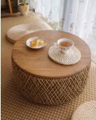 Mesita grande de madera maciza de teca y tejido de plátano con almacenamiento natural Yuda, 80 x 42 x 80 cm