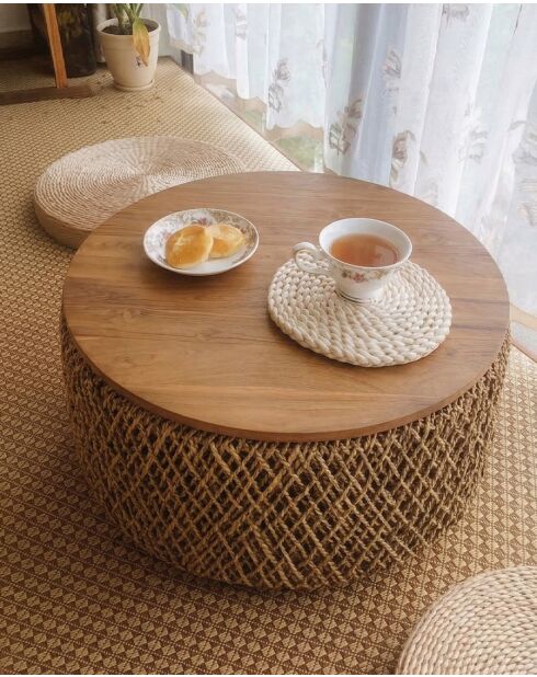 Mesita grande de madera maciza de teca y tejido de plátano con almacenamiento natural Yuda, 80 x 42 x 80 cm