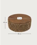 Mesita grande de madera maciza de teca y tejido de plátano con almacenamiento natural Yuda, 80 x 42 x 80 cm
