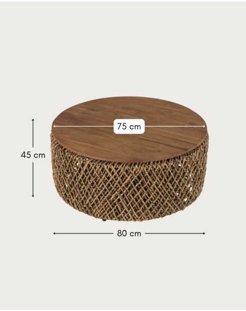 Mesita grande de madera maciza de teca y tejido de plátano con almacenamiento natural Yuda, 80 x 42 x 80 cm