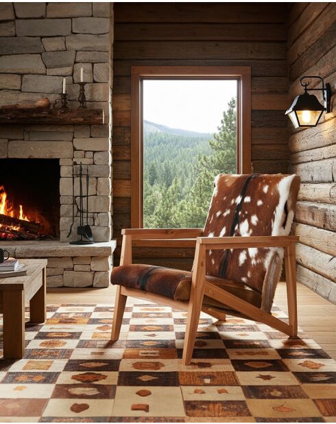 Fauteuil van natuurlijk cowboy teakhout en geitenleer - 67x80x77 cm