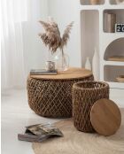 Set aus 2 Couchtischen aus massivem Teakholz und natürlicher gewebter Yuda-Bananenfaser - 60x42x60 cm+40x42x40 cm