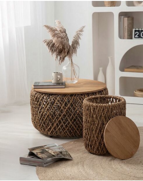 Set aus 2 Couchtischen aus massivem Teakholz und natürlicher gewebter Yuda-Bananenfaser - 60x42x60 cm+40x42x40 cm