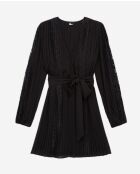 Langärmliges Kurzkleid mit V-Ausschnitt und Spitzeneinsätzen in Schwarz