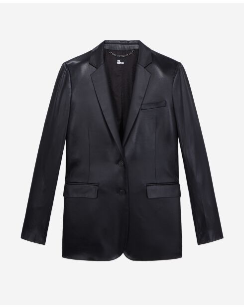 Große Jacke aus schwarzem Stoff mit Kunstledereffekt