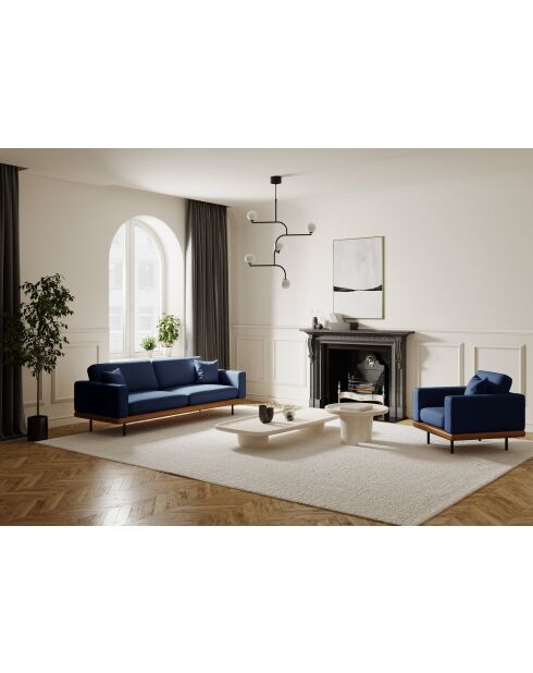 4-zitsbank in geweven stof Pioni marineblauw cognac lederen onderstel - 238x90x85 cm