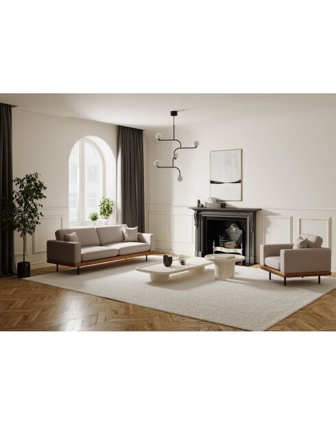 4-zitsbank in geweven stof Pioni beige taupe cognac lederen onderstel - 238x90x85 cm