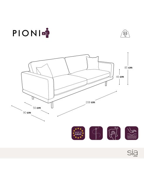 3-zitsbank in geweven stof Pioni beige taupe cognac lederen onderstel - 208x90x85 cm