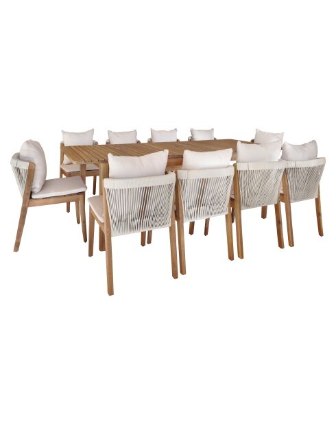 Ensemble jardin table extensible et fauteuil avec coussins acacia fidji blanc/naturel - 11 pièces