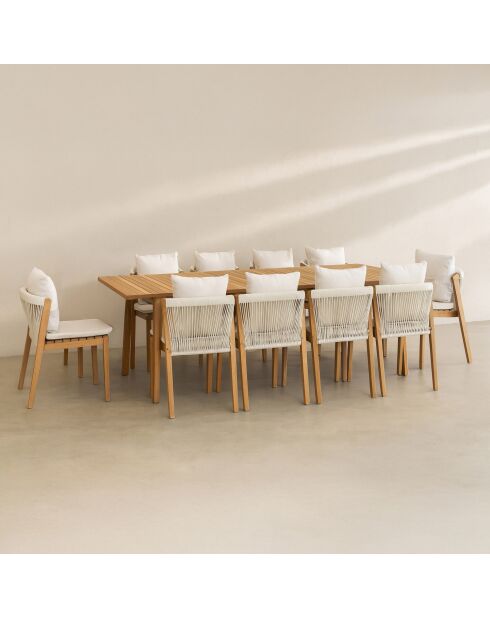Ensemble jardin table extensible et fauteuil avec coussins acacia fidji blanc/naturel - 11 pièces