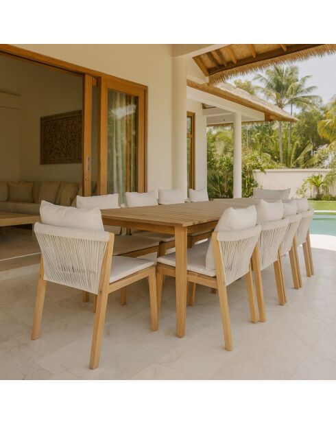 Ensemble jardin table extensible et fauteuil avec coussins acacia fidji blanc/naturel - 11 pièces