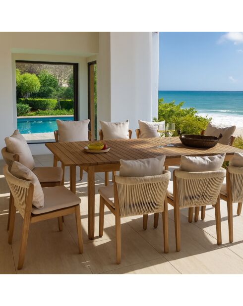 Ensemble jardin table extensible et fauteuil avec coussins acacia fidji blanc/naturel - 11 pièces