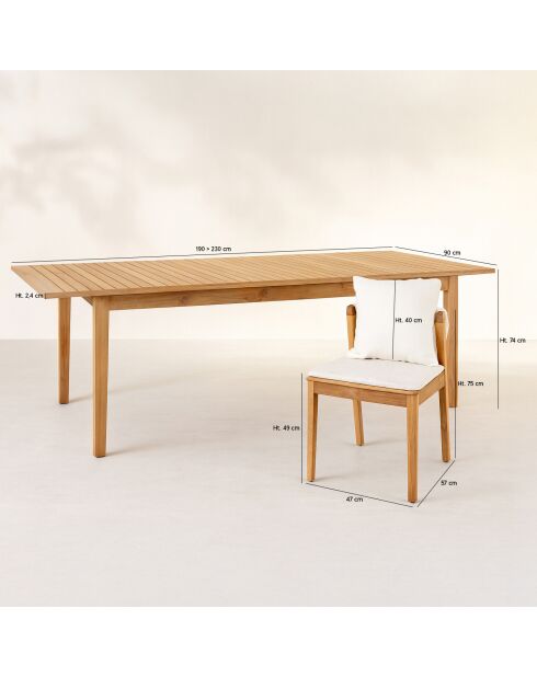 Ensemble jardin table extensible et fauteuil avec coussins acacia fidji blanc/naturel - 11 pièces