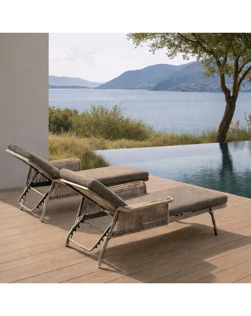 Lot 2 chaises longues en aluminium et tissu moka madrague taupe - 200x100x54.5cm
