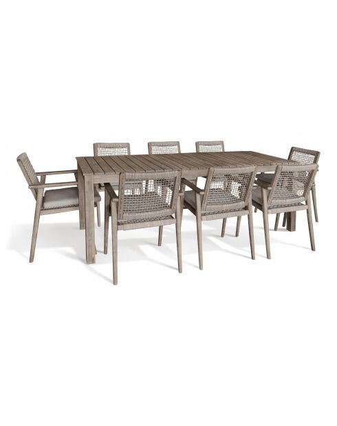 Ensemble table + 8 fauteuils de table acacia vieilli + corde eden naturel - 310 x 90 x 85 cm