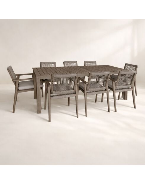 Ensemble table + 8 fauteuils de table acacia vieilli + corde eden naturel - 310 x 90 x 85 cm