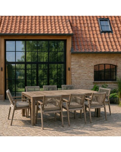 Ensemble table + 8 fauteuils de table acacia vieilli + corde eden naturel - 310 x 90 x 85 cm