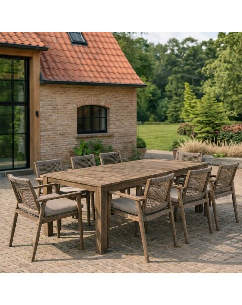 Ensemble table + 8 fauteuils de table acacia vieilli + corde eden naturel - 310 x 90 x 85 cm