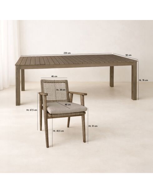 Ensemble table + 8 fauteuils de table acacia vieilli + corde eden naturel - 310 x 90 x 85 cm