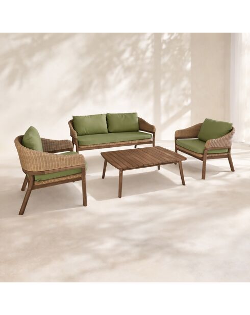 Muebles de jardín: madera, acacia, resina tejida, resina tejida, cojines, tela caqui, alhambra, beige/natural - 4 piezas