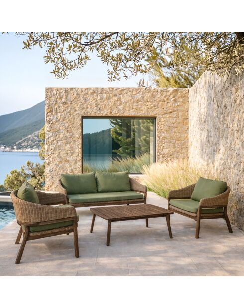 Muebles de jardín: madera, acacia, resina tejida, resina tejida, cojines, tela caqui, alhambra, beige/natural - 4 piezas