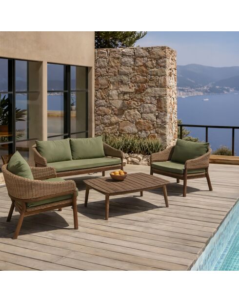 Muebles de jardín: madera, acacia, resina tejida, resina tejida, cojines, tela caqui, alhambra, beige/natural - 4 piezas