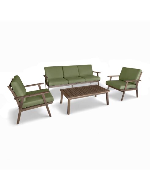 Muebles de jardín de madera de acacia con cojines caqui, 5 asientos, color palau natural/verde, 4 piezas