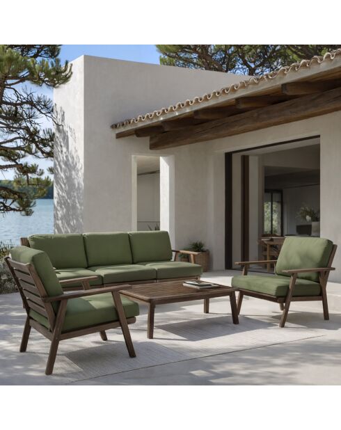 Muebles de jardín de madera de acacia con cojines caqui, 5 asientos, color palau natural/verde, 4 piezas