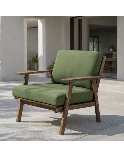 Muebles de jardín de madera de acacia con cojines caqui, 5 asientos, color palau natural/verde, 4 piezas