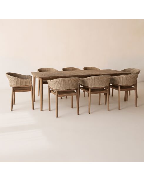 Ensemble table + 8 fauteuils de table acacia brun résine tressée alhambra naturel - 8 pièces