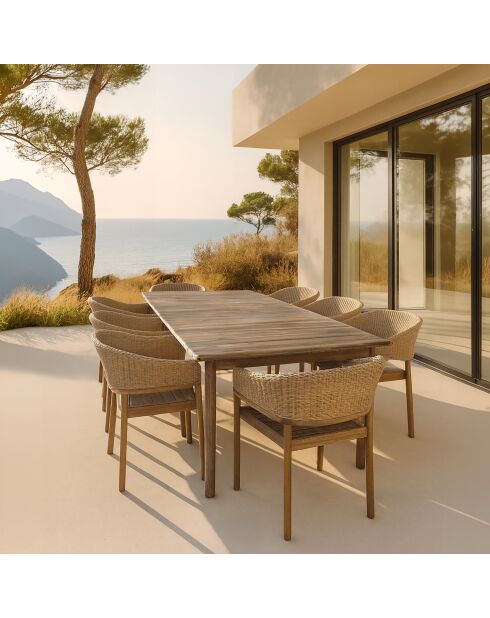 Ensemble table + 8 fauteuils de table acacia brun résine tressée alhambra naturel - 8 pièces