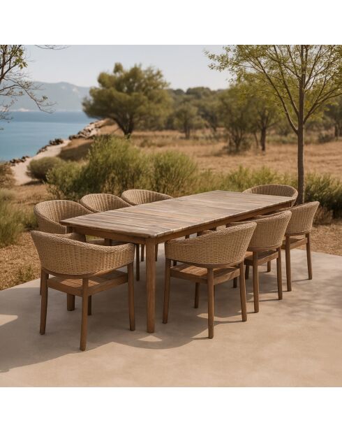 Ensemble table + 8 fauteuils de table acacia brun résine tressée alhambra naturel - 8 pièces