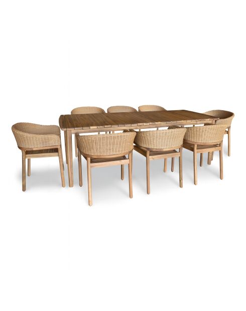 Ensemble table + 8 fauteuils de table acacia miel résine tressée alhambra naturel - 8 pièces