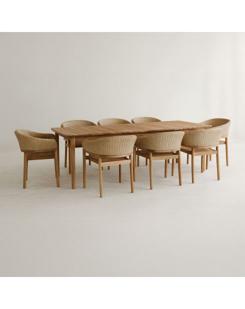 Ensemble table + 8 fauteuils de table acacia miel résine tressée alhambra naturel - 8 pièces