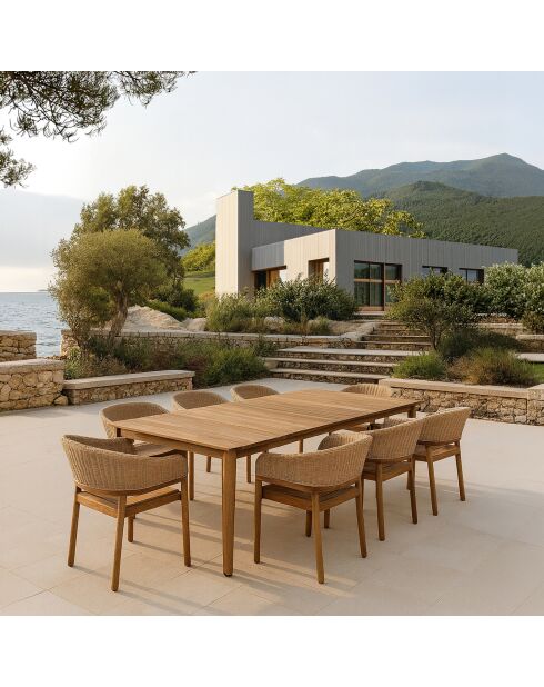 Ensemble table + 8 fauteuils de table acacia miel résine tressée alhambra naturel - 8 pièces