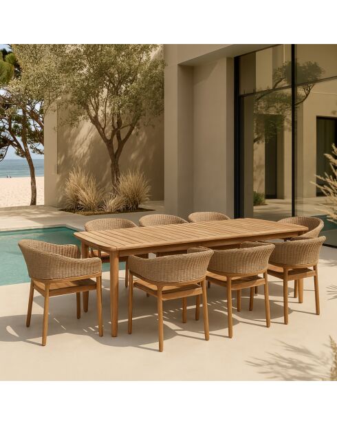 Ensemble table + 8 fauteuils de table acacia miel résine tressée alhambra naturel - 8 pièces