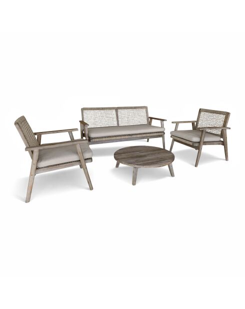 Muebles de jardín en madera de acacia envejecida, con cuerda de masilla y cojines edén naturales, 4 piezas