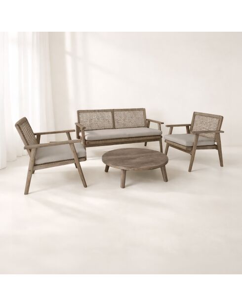 Muebles de jardín en madera de acacia envejecida, con cuerda de masilla y cojines edén naturales, 4 piezas