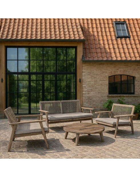Muebles de jardín en madera de acacia envejecida, con cuerda de masilla y cojines edén naturales, 4 piezas