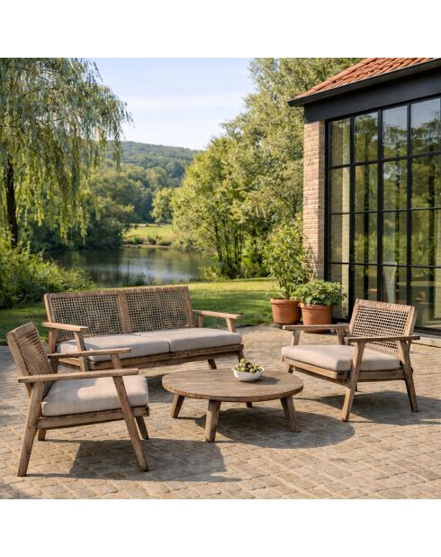 Muebles de jardín en madera de acacia envejecida, con cuerda de masilla y cojines edén naturales, 4 piezas