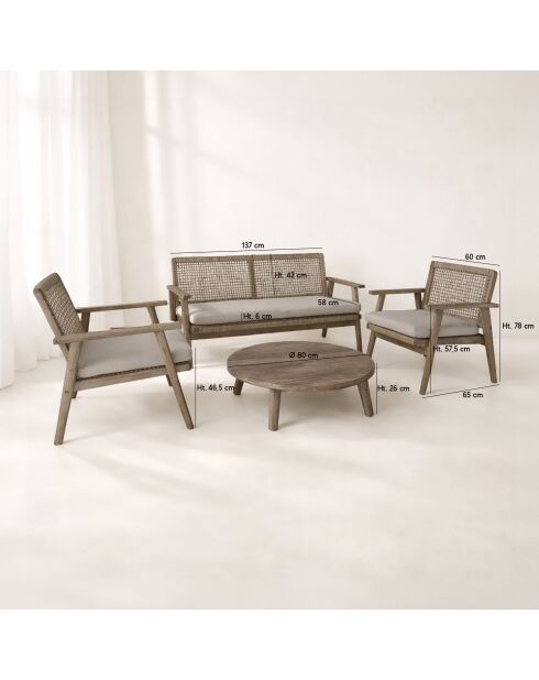 Muebles de jardín en madera de acacia envejecida, con cuerda de masilla y cojines edén naturales, 4 piezas