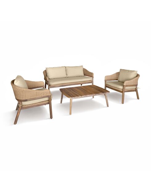 Muebles de jardín en madera de acacia y cojines de resina tejida, beige, alhambra, beige/natural, 4 piezas