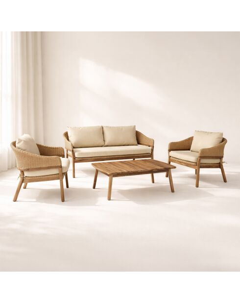 Muebles de jardín en madera de acacia y cojines de resina tejida, beige, alhambra, beige/natural, 4 piezas