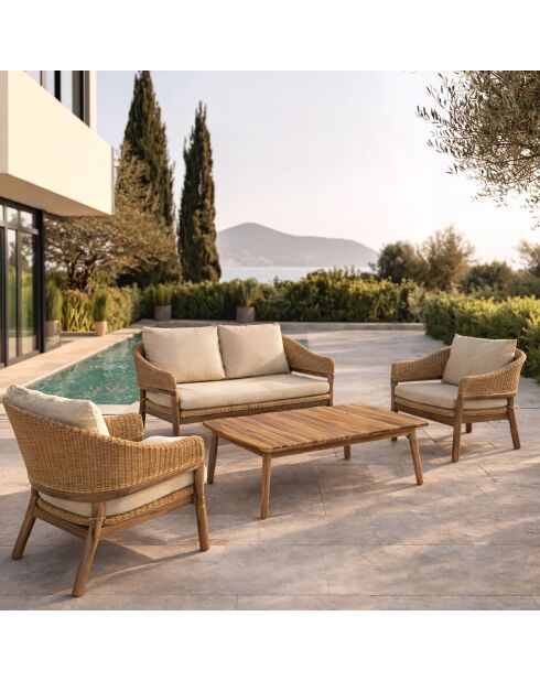 Muebles de jardín en madera de acacia y cojines de resina tejida, beige, alhambra, beige/natural, 4 piezas