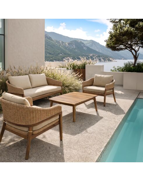 Muebles de jardín en madera de acacia y cojines de resina tejida, beige, alhambra, beige/natural, 4 piezas