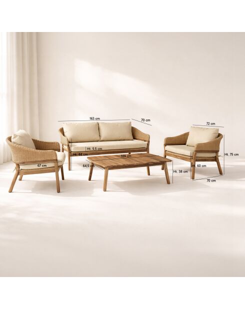 Mobili da giardino in legno di acacia + cuscini in resina intrecciata beige alhambra beige/naturale - 4 pezzi