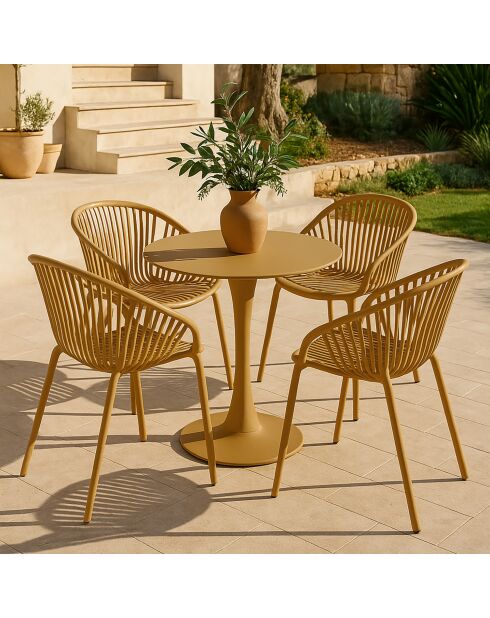 Ensemble table + 4 fauteuils de table en polypropylène et métal ocre calypso jaune - 5 pièces